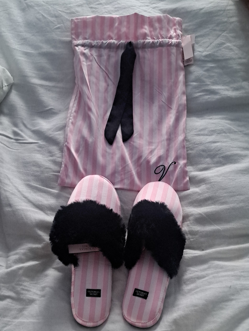 Victoria's Secret Pink & White Striped Slipper Set with Black Faux Fur
